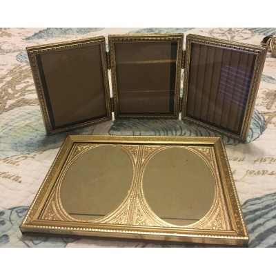 Tri-fold vintage gold brass metal double hinge 3x4" $ double 3x4” oval frame lot   273408023862